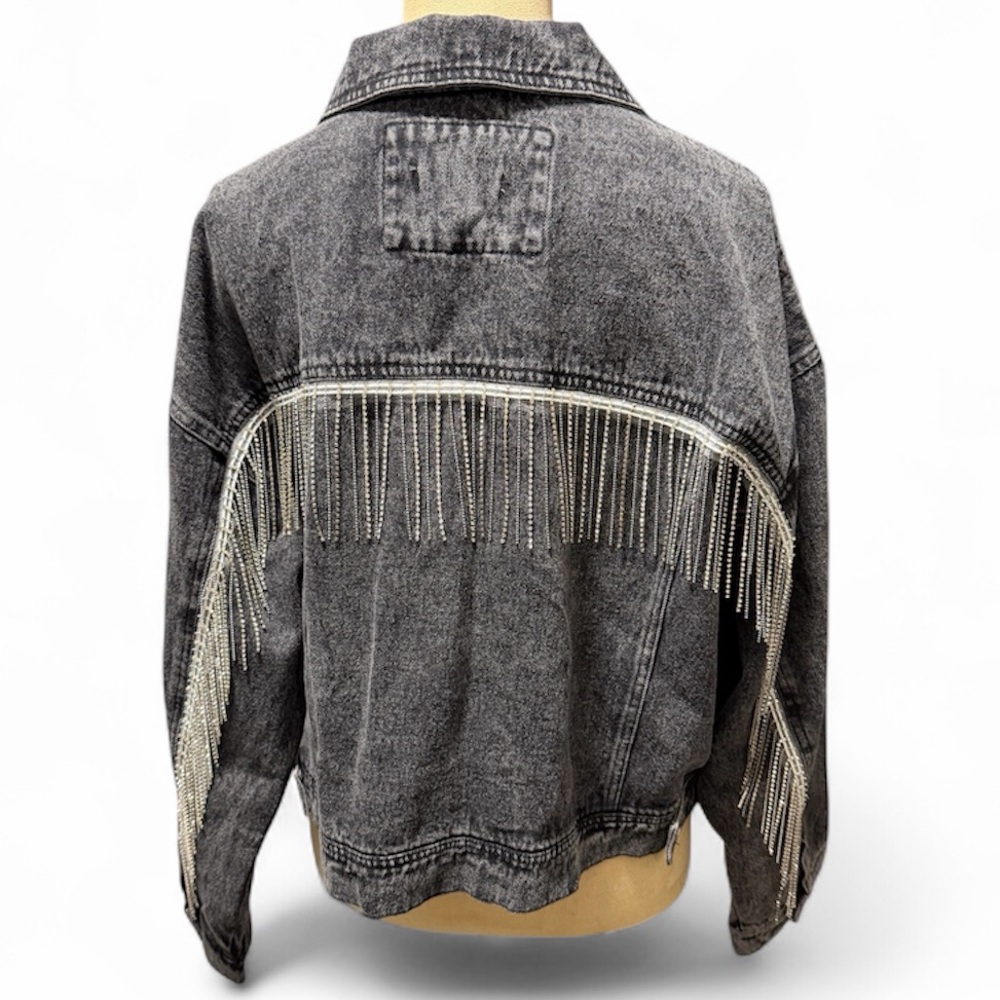 NWT Rhinestone Fringe Denim Jacket